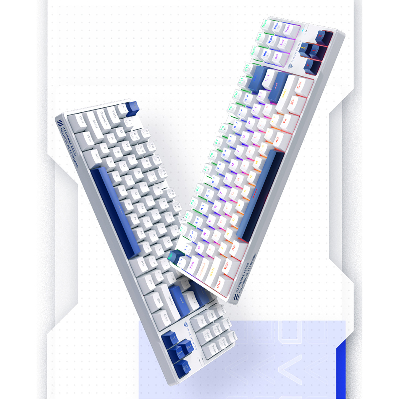 Dwa białe klawiatury mechaniczne z niebieskimi akcentami i podświetleniem RGB leżą na sobie.