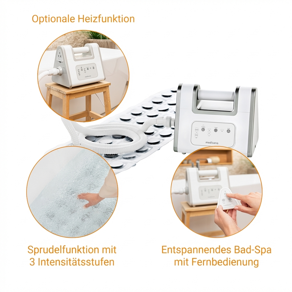 Een witte bubbelbadmassager met mat, slang en afstandsbediening. Optionele verwarmingsfunctie.