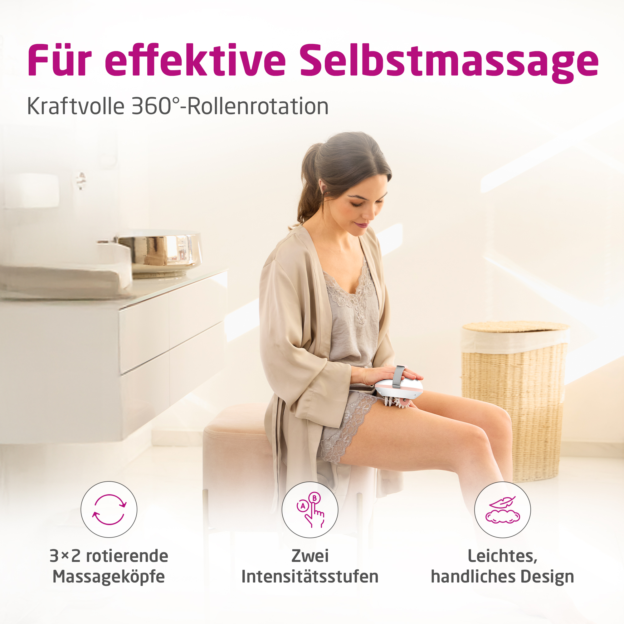 Woman self-massaging with device. Text about self-massage, roller rotation, intensity.