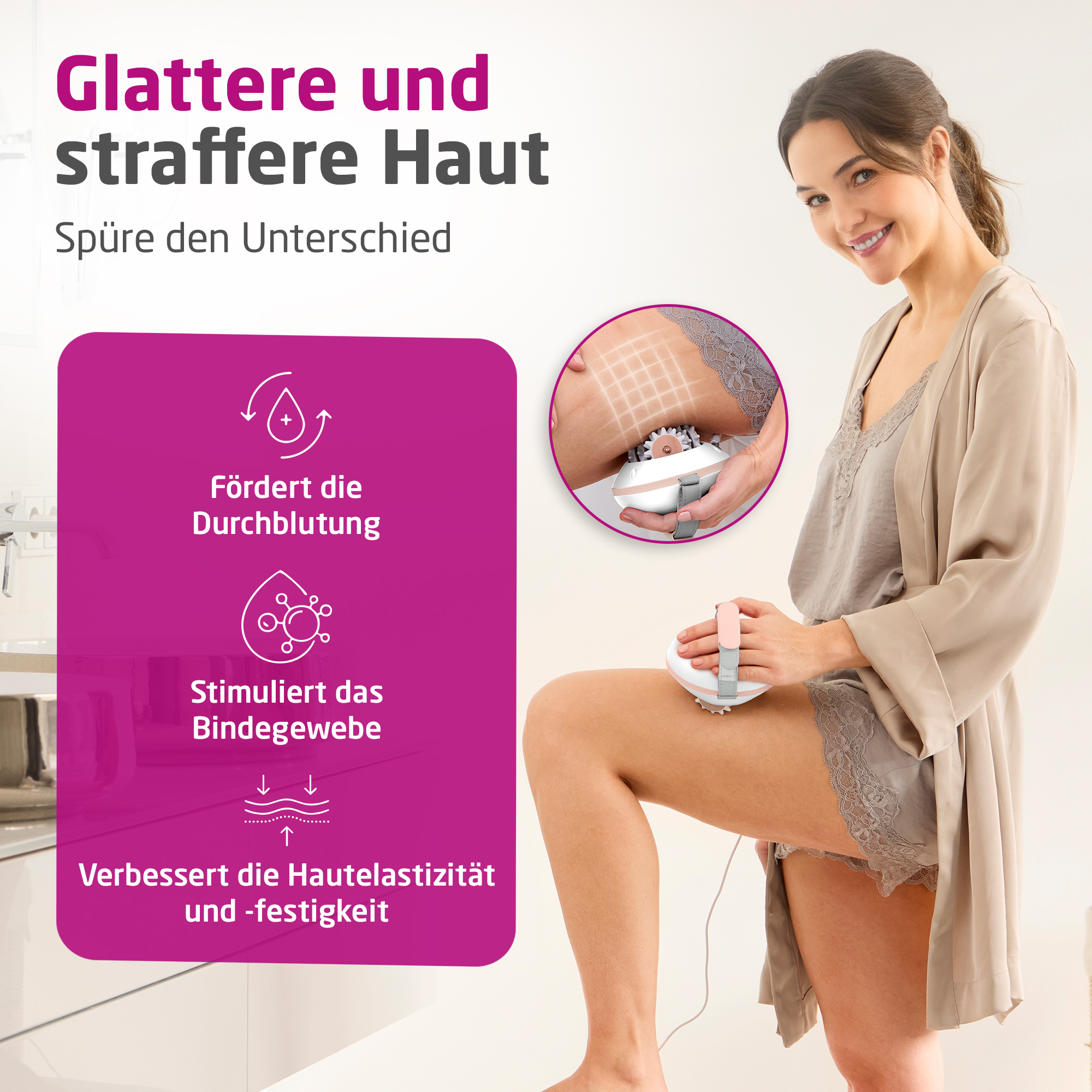 Woman with skin-tightening device on leg and hip. Text: Smoother and firmer skin.