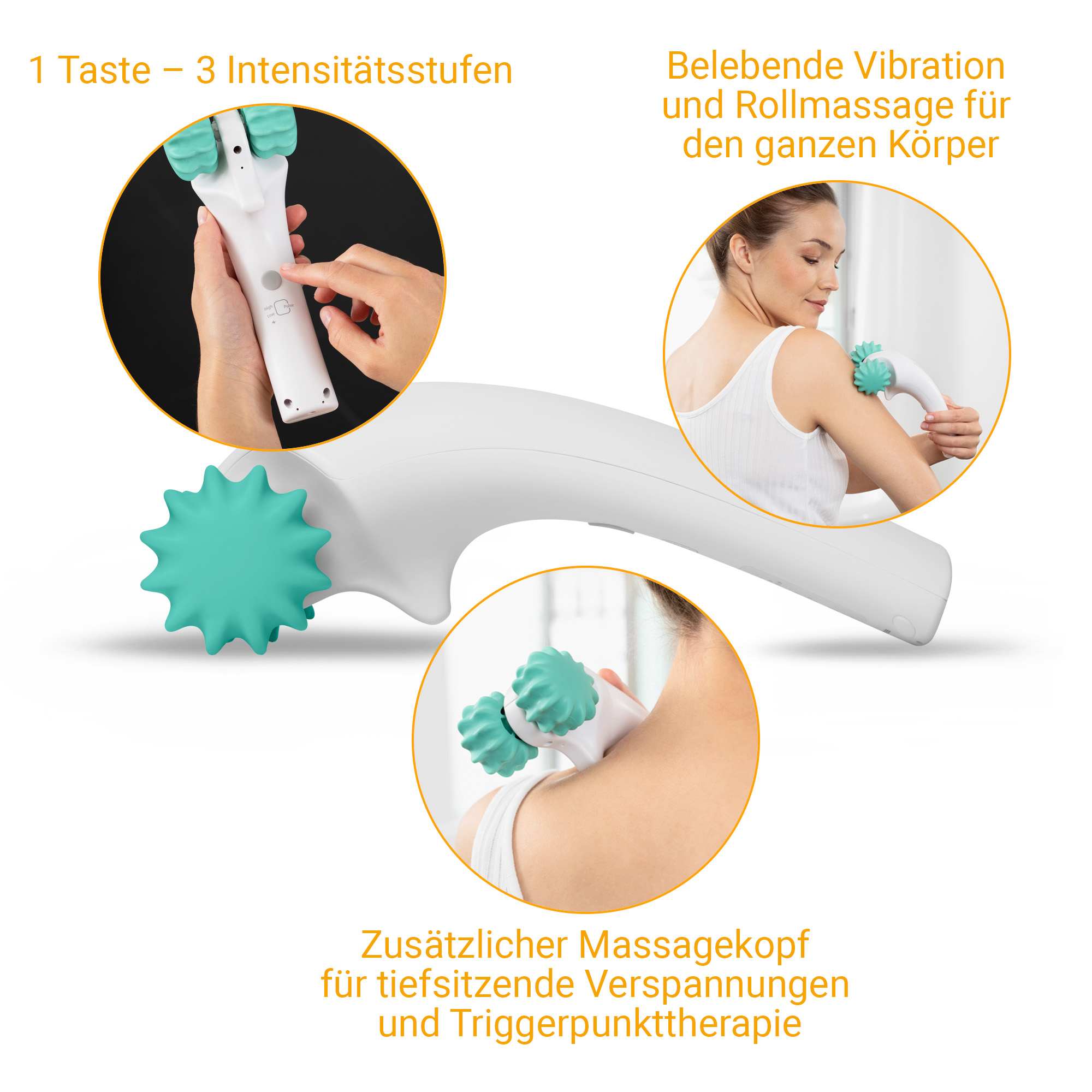 Massagegerät mit Rollen und Vibration für den Körper, mit 3 Intensitätsstufen.
