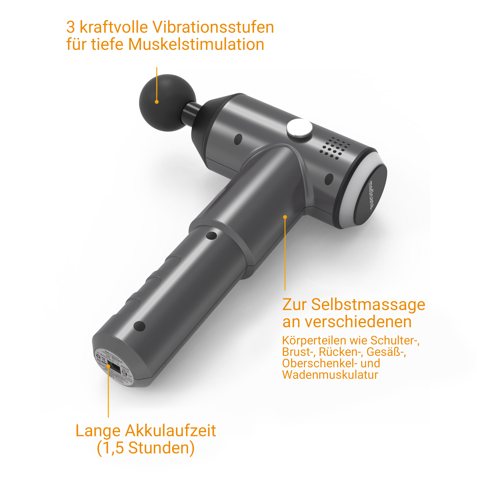 Szary pistolet do masażu z końcówką kulkową, 3 poziomy wibracji, długa bateria.