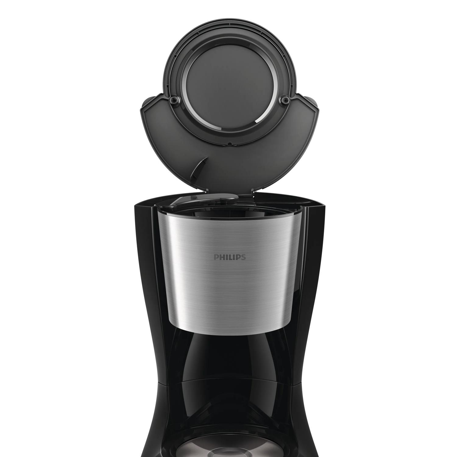 Black Philips coffee maker with open lid, brushed metal filter holder.