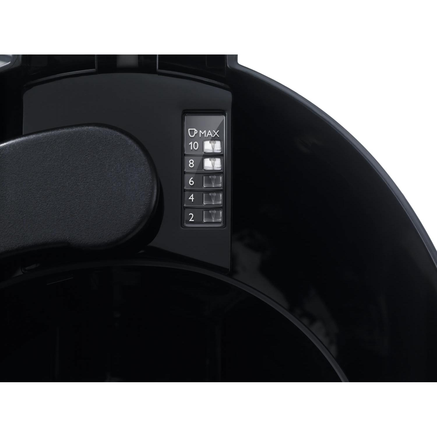 Black coffee maker with a dial showing 2, 4, 6, 8, 10 cups and MAX.