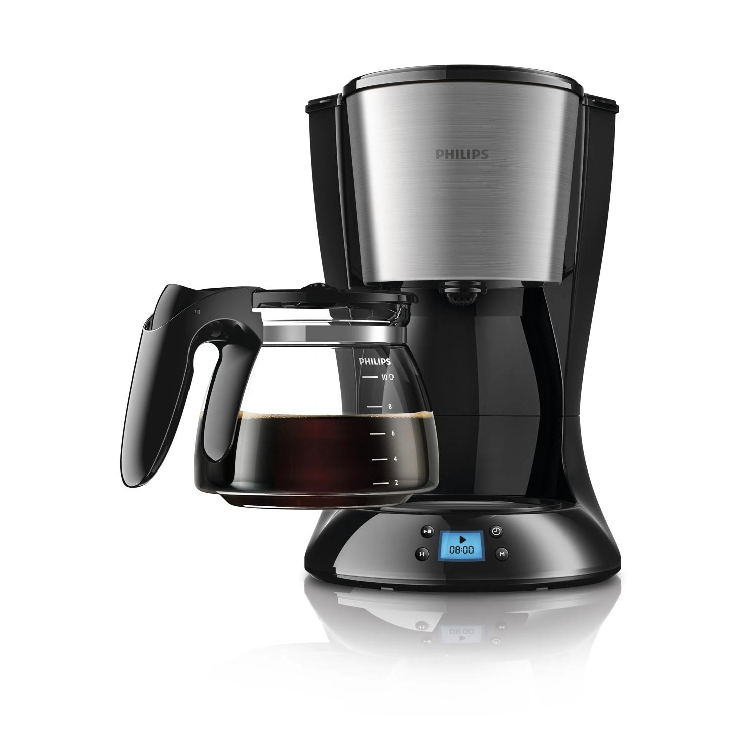 Black Philips coffee maker with a glass carafe filled with coffee.