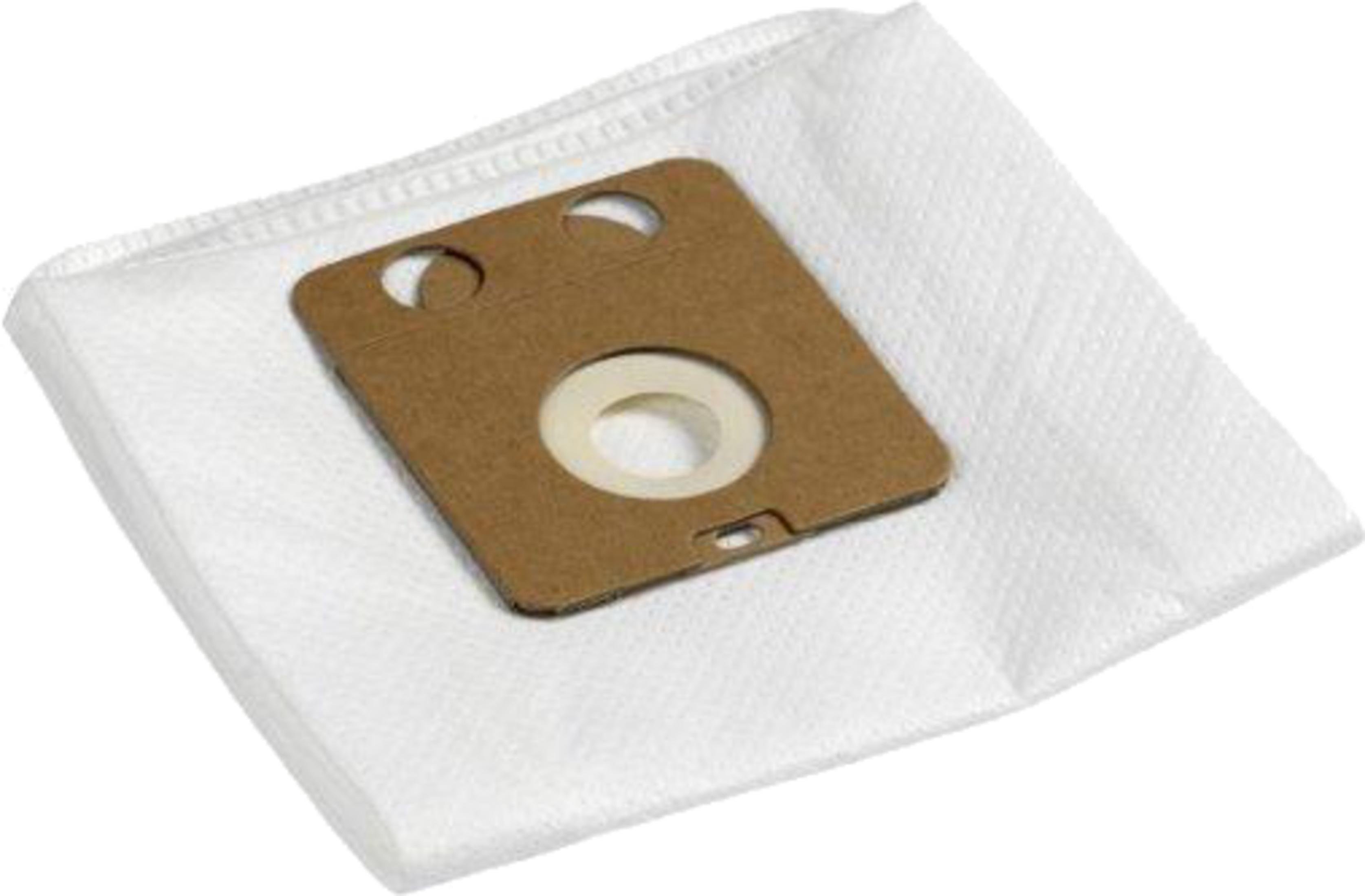 Una bolsa de aspiradora blanca de papel con soporte de cartón marrón.