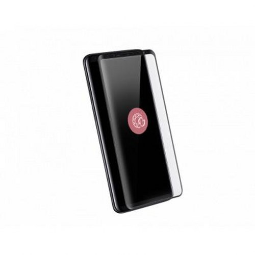 Een zwarte smartphone met een screenprotector erop.