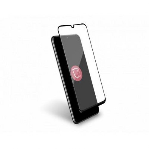 Een zwarte smartphone met een gedeeltelijk aangebrachte schermprotector.