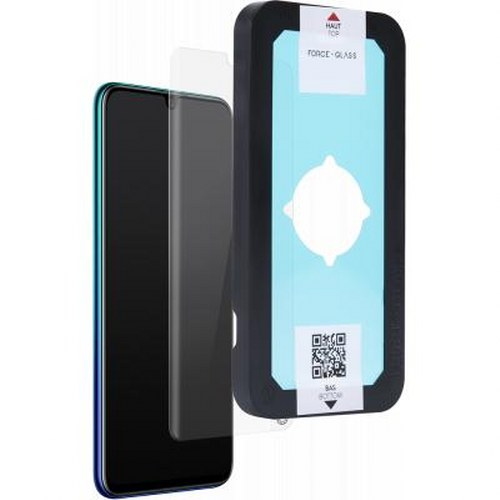 Una protezione per schermo in vetro per smartphone è mostrata accanto al suo telaio.