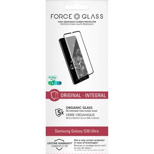 Confezione per una protezione schermo Force Glass per Samsung Galaxy S20 Ultra.