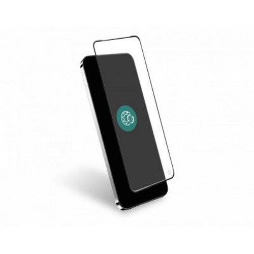 Uno smartphone nero con una protezione per lo schermo sovrapposta. Un'icona circolare verde è sullo schermo.
