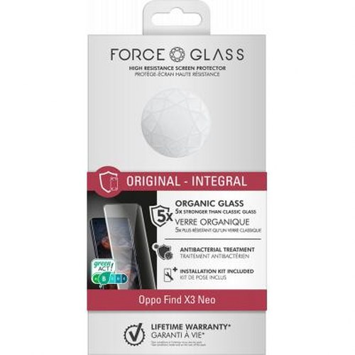 Confezione di protezione schermo Force Glass per Oppo Find X3 Neo con vetro organico e garanzia a vita.