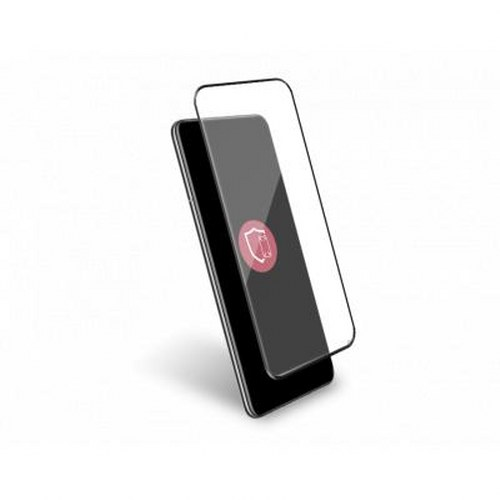 Uno smartphone con proteggischermo, con un'icona a scudo rossa.