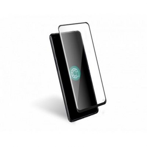 Uno smartphone nero con una pellicola protettiva per lo schermo sopra.