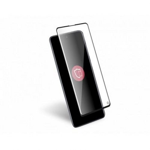 Una pellicola protettiva giace su uno smartphone nero con icona di scudo rossa.