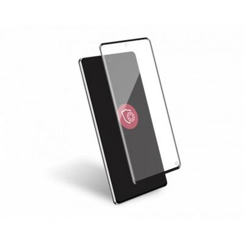 Uno smartphone nero con protezione schermo in vetro che mostra un'icona a scudo rossa.