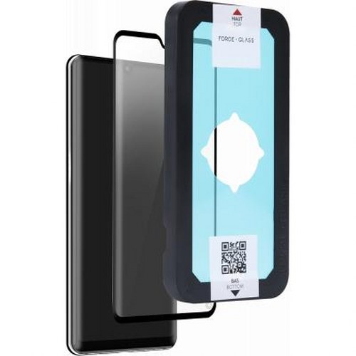 Una protezione per schermo del telefono in vetro temperato nero posta su un telefono.