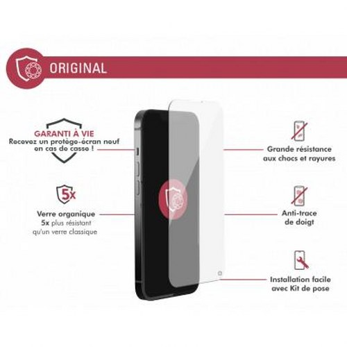 A smartphone with a screen protector highlighting shock and scratch resistance.