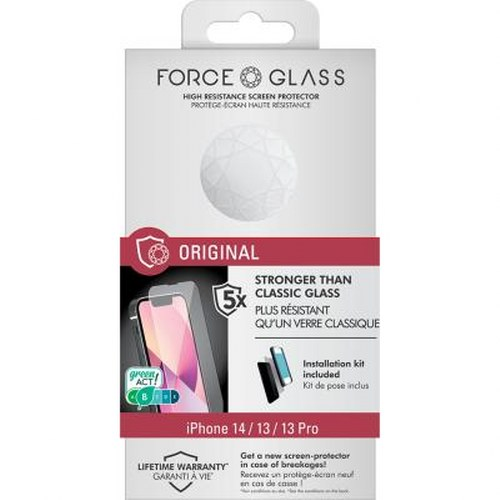 FORCE GLASS screen protector packaging for iPhone 14/13/13 Pro.
