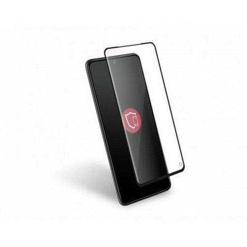 Uno smartphone nero con una protezione dello schermo leggermente sfalsata. Logo scudo rosso.