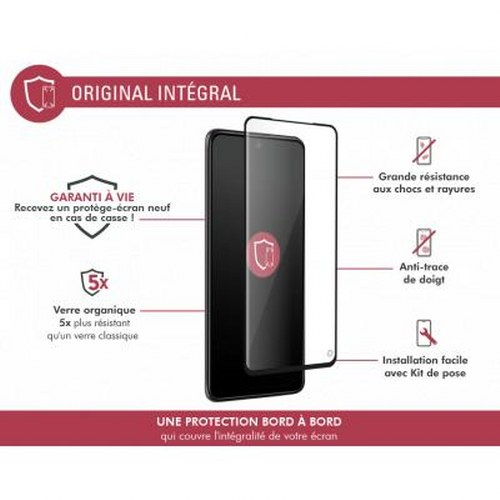 Una protezione per schermo per smartphone con testo e icone su resistenza e garanzia.