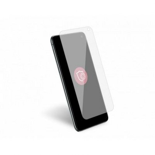 Uno smartphone con una protezione schermo parzialmente applicata, icona scudo.
