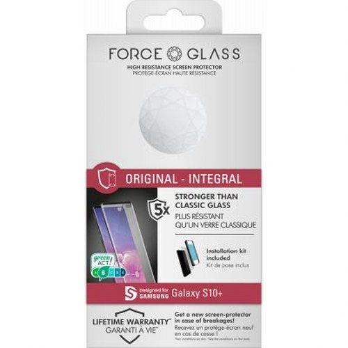 Confezione protettore schermo FORCE GLASS per Samsung Galaxy S10+. Include kit installazione.
