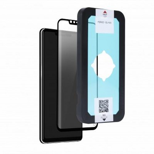 Un protecteur d'écran en verre trempé avec un cadre noir est placé sur un smartphone.