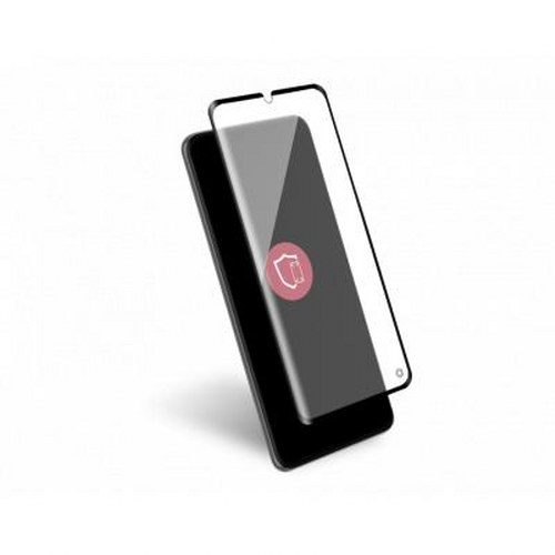 Uno smartphone nero con pellicola protettiva applicata, con un'icona rossa.