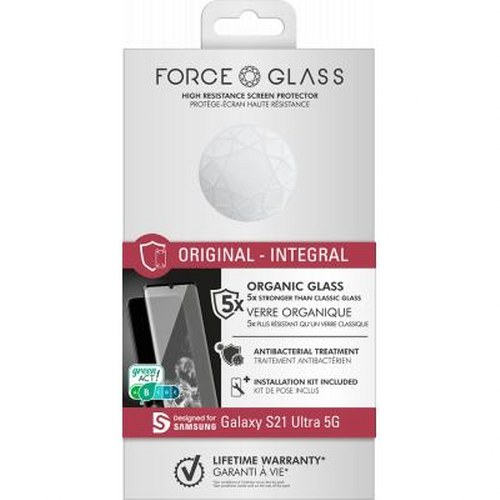 Protezione schermo Force Glass per Galaxy S21 Ultra 5G. Vetro organico, trattamento antibatterico e garanzia a vita.