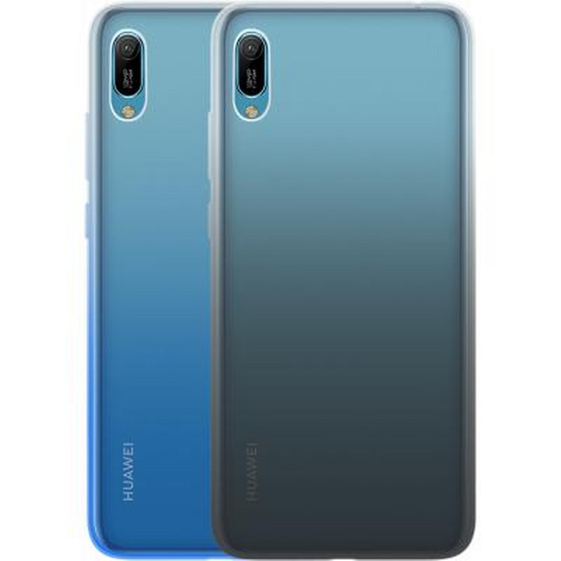 Due cover per telefono Huawei con sfumature blu-grigio, con fotocamere posteriori visibili.