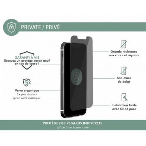 Displays a smartphone screen protector with privacy features and benefits.