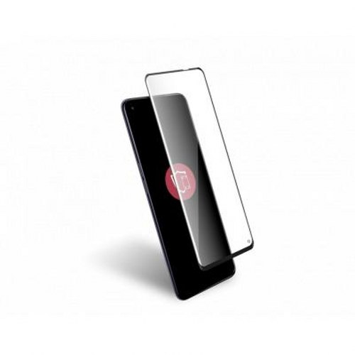 Uno smartphone nero con proteggi schermo, angolato su sfondo bianco.