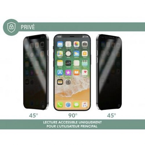 Three iPhones with privacy screen protectors: one front, two side at 45°.