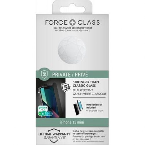 Packaging for an iPhone 13 mini screen protector, Force Glass brand, 'Private' feature.