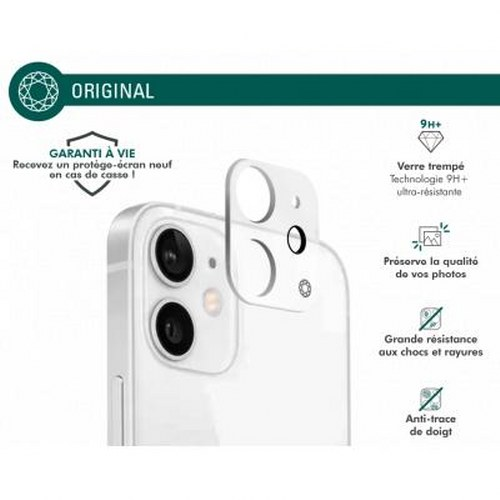 A clear iPhone with camera lens and product features shown.