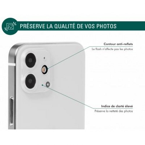 White phone case with camera lenses and text labels.