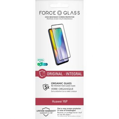 Confezione per proteggi schermo FORCE GLASS per Huawei Y6P, con telefono.