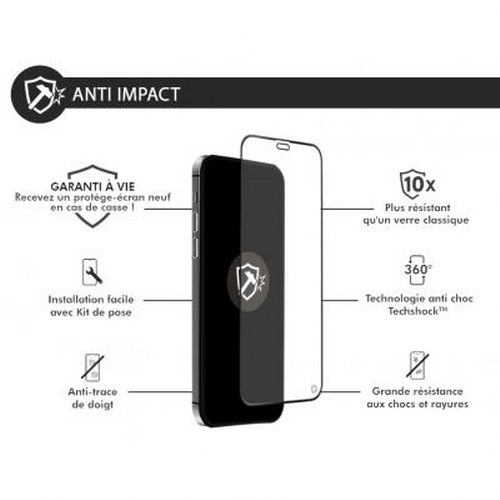 Displays a phone with a screen protector, listing features like anti-impact, lifetime warranty.