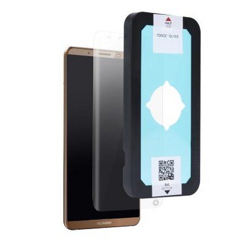 Un telefono Huawei dorato con protezione schermo e telaio di installazione.