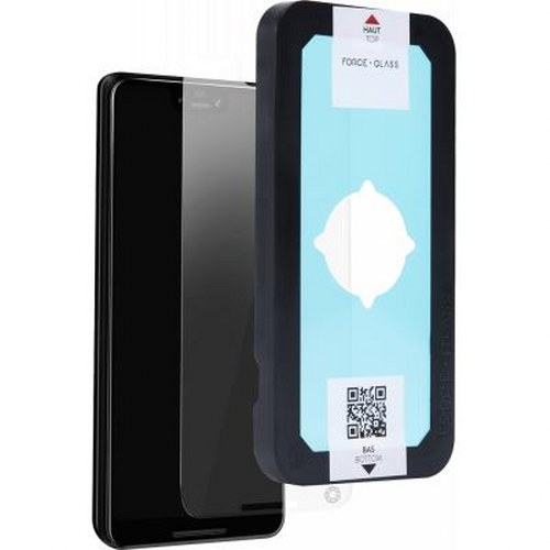 Uno smartphone nero con protezione schermo e telaio di installazione.