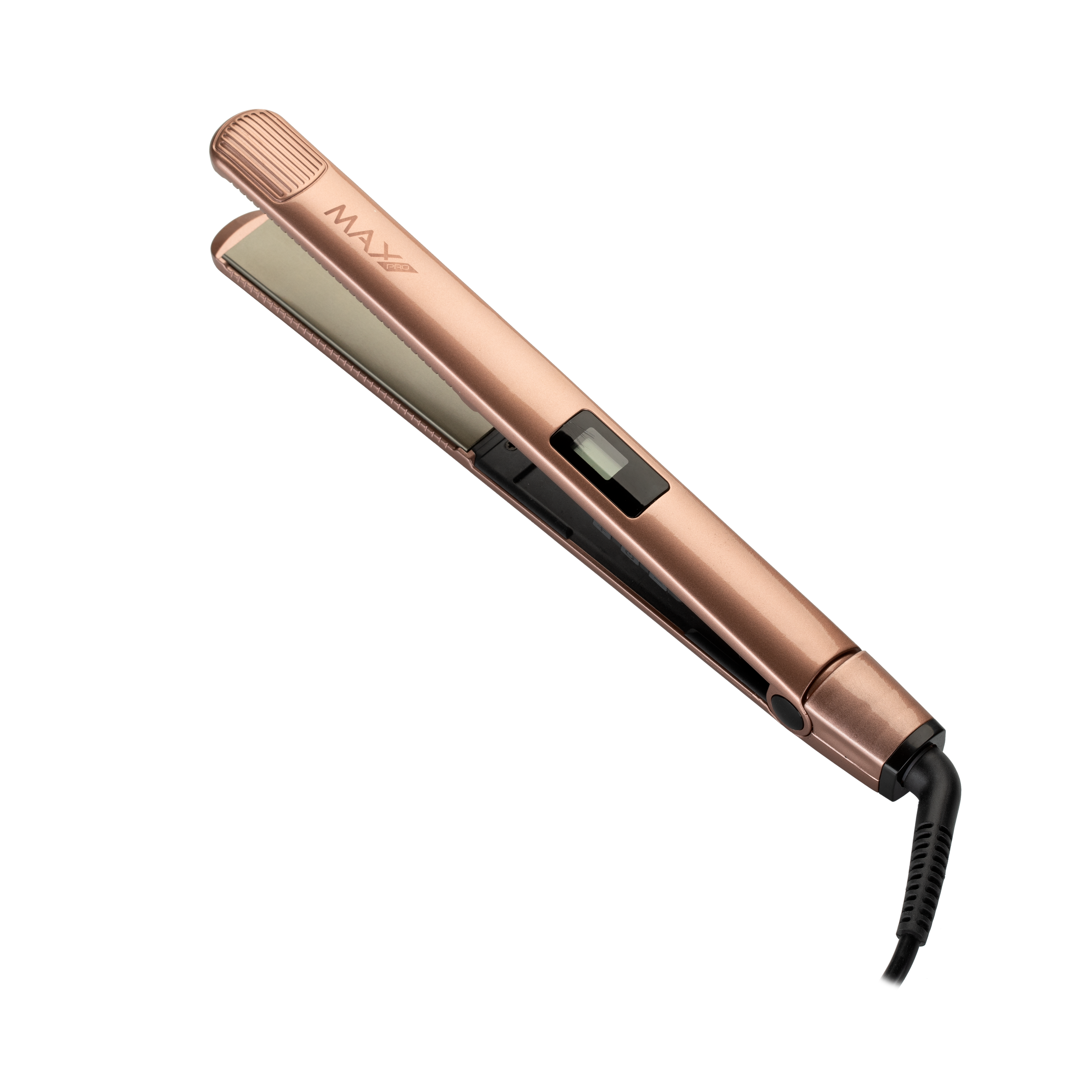 A rose gold hair straightener with a digital display and a black cord.