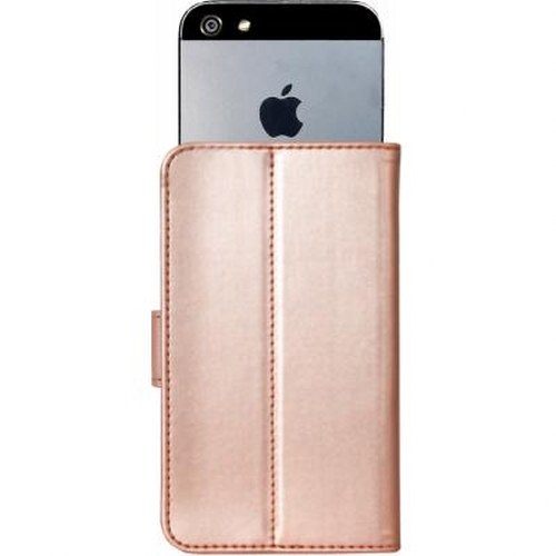 Una custodia a libro rosa oro con un iPhone argentato.