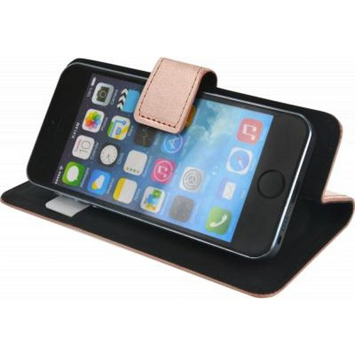 Un iPhone nero in una custodia oro rosa con la copertina aperta, che mostra app.