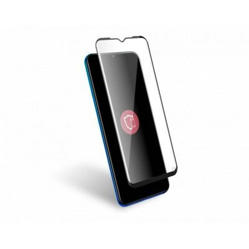 Uno smartphone con una protezione per lo schermo che mostra una grafica a scudo rossa.