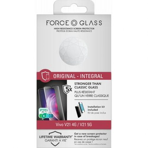 Confezione protettore schermo Force Glass per Vivo V21 4G/V21 5G. 5 volte più resistente del vetro.