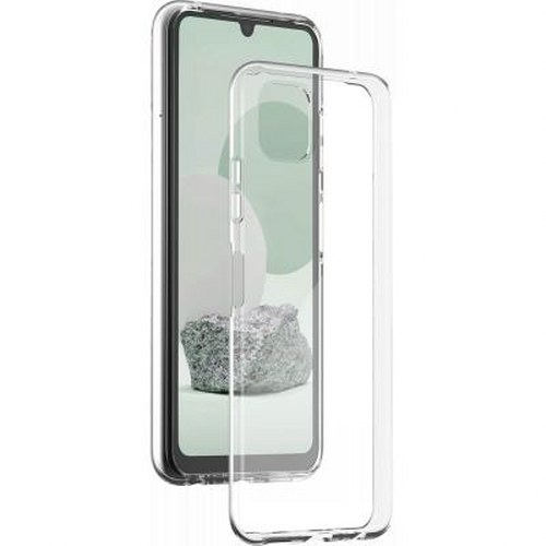 Una custodia trasparente per telefono accanto a uno smartphone con un'immagine di roccia.