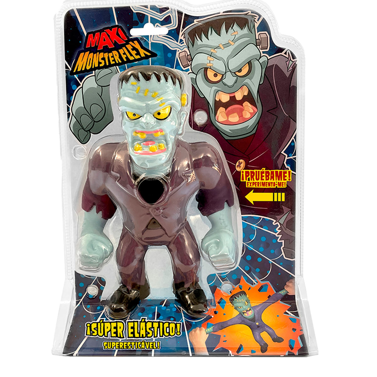 Figura elástica de Frankenstein en empaque con gráficos estilo cómic.