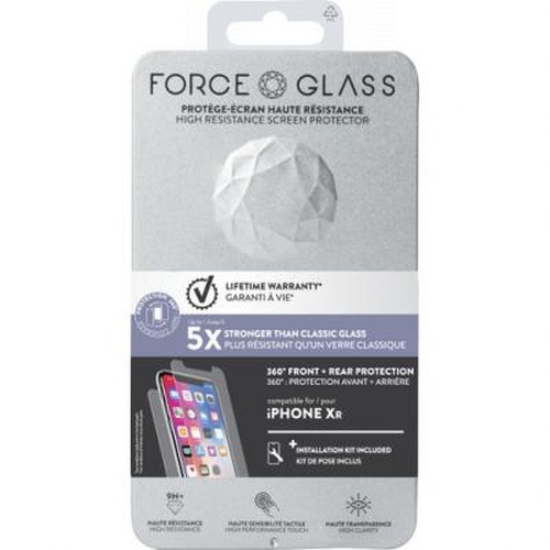 Force Glass iPhone XR screen protector packaging with lifetime warranty.