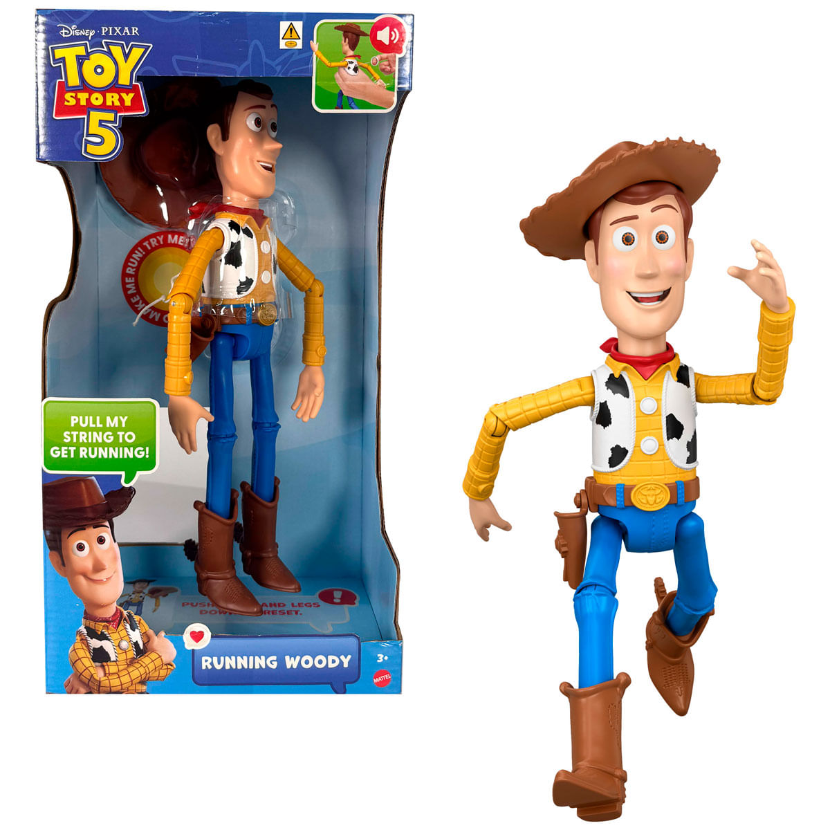 Figura de juguete de Woody con sombrero de vaquero, chaleco y botas, en caja y fuera.
